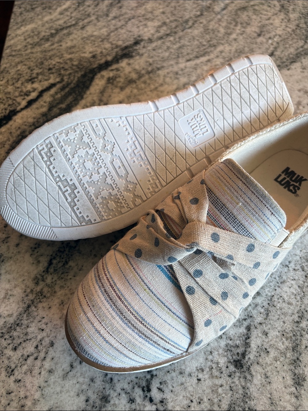 Muk Luks Cream Canvas Slip-Ons with Blue Polka Dots & Multicolor Stripes